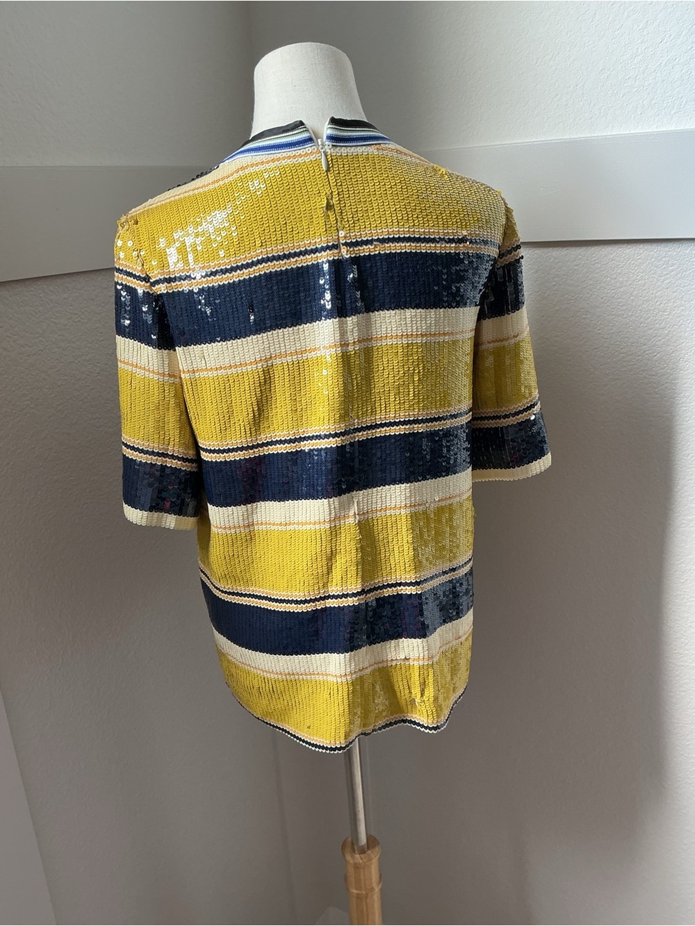 3.1 Phillip Lim Yellow, Navy & Cream Sequin Stripe Short Sleeve Top - Picture 5 of 9